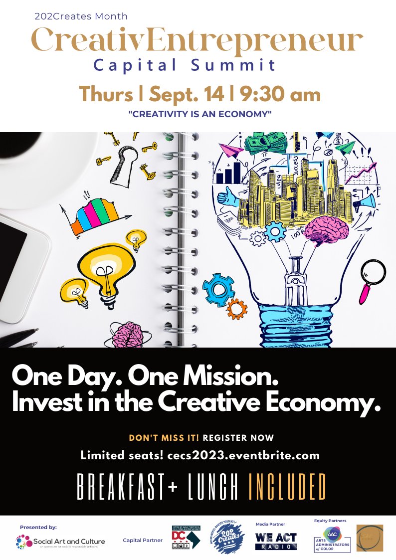 WeActRadio's tweet image. We hope you will return to Creative Entrepreneur Capital Summit 9/14/23 @busboysandpoets 450k w/ an even stronger lineup than in 2019 Pls use the link to receive your discounted registration fee $75 [regular price $125] #dosomething @202Creates #202creates
eventbrite.com/e/creative-ent…