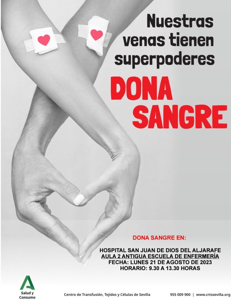 🏥 HOSPITAL SAN JUAN DE DIOS DEL ALJARAFE <a href="/HSJD_Aljarafe/">Hospital San Juan de Dios del Aljarafe</a> (AULA 2 ANTIGUA ESCUELA DE ENFERMERÍA)
🗓 FECHA: LUNES 21 DE AGOSTO DE 2023
⏰️ HORARIO: 9.30 A 13.30 HORAS