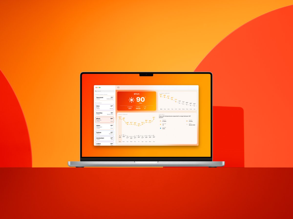 Product shot of Mercury Weather on a MacBook Pro with a warm, sunny background, showing the weather at Park.