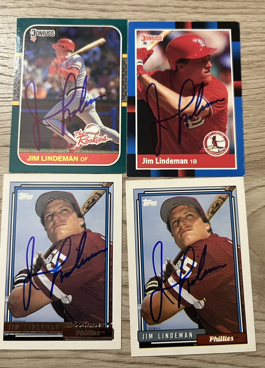 mjs80377's tweet photo. Thanks to former @Cardinals @Phillies 1B Jim Lindeman for signing my cards #Donruss #Topps #TheRookies #TTM #Hobby #Collect #TTMSuccess #ToppsGold #TTMAutographs #Autographs #STLCards  #RingTheBell https://t.co/YIZLJlmS0W