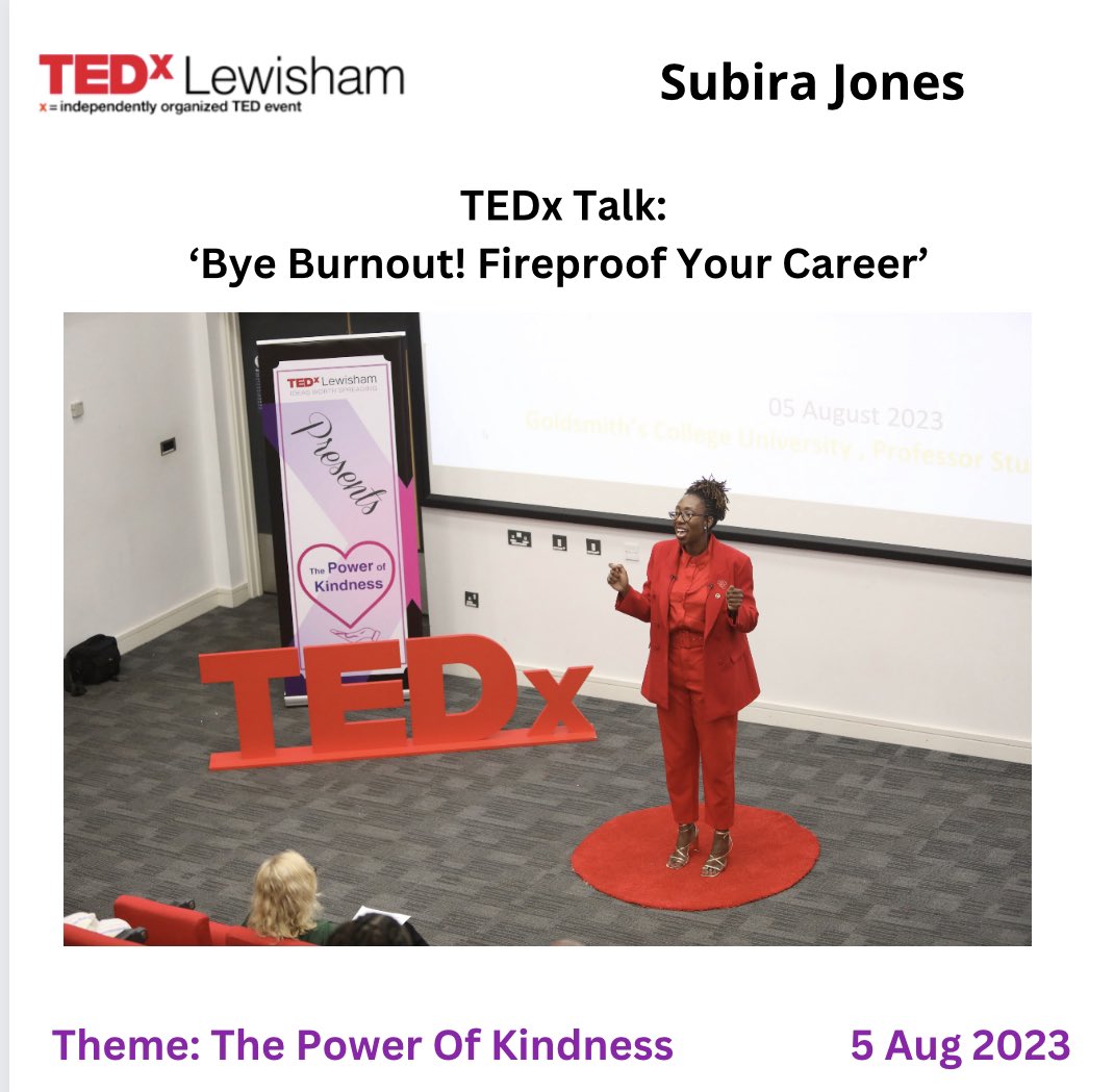 Second up was Subira Jones with her TEDx talk: 

Bye Burnout! Fireproof your career’ 

<a href="/SubiraJones/">Subira.Jones</a> 

Subira gave the audience an initial heartfelt  story of unwellness, stress &amp; burnout followed by her decision to overcome adversity &amp; defeat by taking control of her life❤️🎤🔴