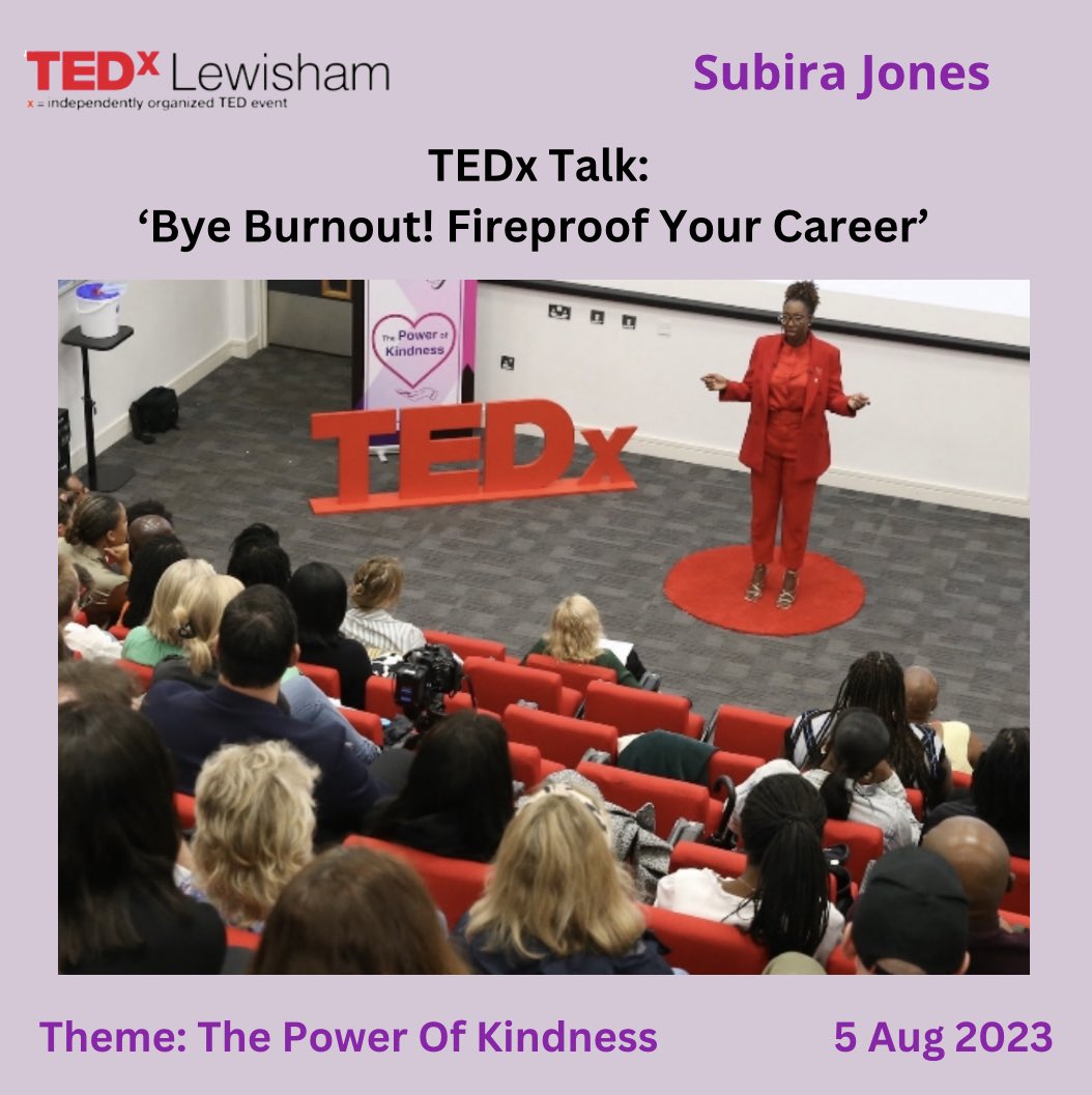 LewishamTedx's tweet photo. Second up was Subira Jones with her TEDx talk: 

Bye Burnout! Fireproof your career’ 

@SubiraJones 

Subira gave the audience an initial heartfelt  story of unwellness, stress &amp; burnout followed by her decision to overcome adversity &amp; defeat by taking control of her life❤️🎤🔴 https://t.co/TTlXVib99r