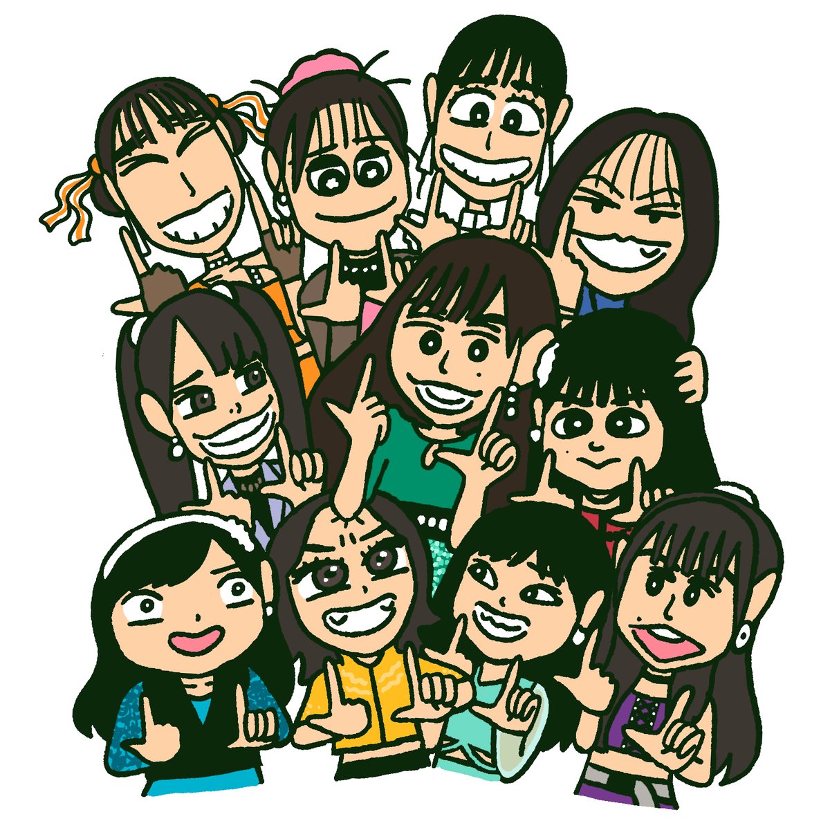 multiple girls 6+girls smile \m/ grin mole double \m/  illustration images