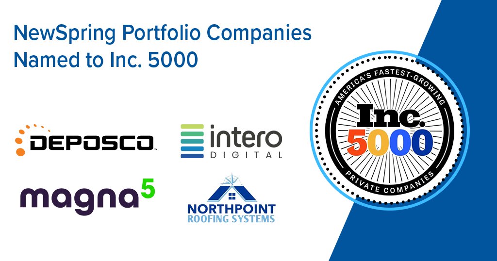 Congratulations to NewSpring portfolio companies <a href="/Deposco/">Deposco</a>, <a href="/InfluenceandCo/">Rick Sanchez</a>, <a href="/magnafive/">Magna5</a>, and Northpoint Roofing Systems for making the #Inc5000! We're thrilled to celebrate the growth of these lower-middle market businesses! #inc5000 #inc5000list Read more: inc.com/inc5000/2023