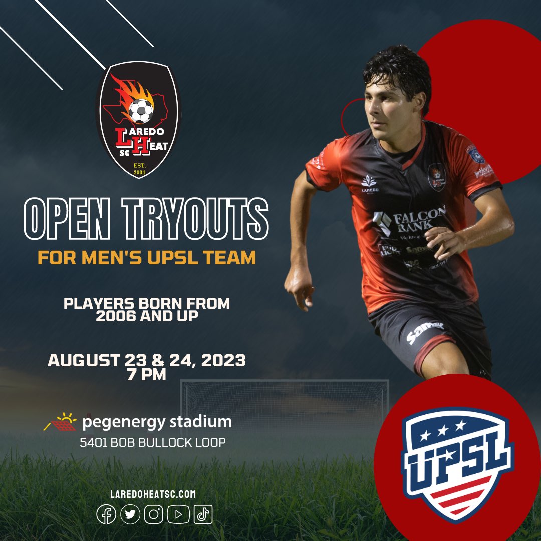 LaredoHeatSC's tweet photo. Kicking into the future with Laredo Heat's UPSL tryouts! If you've got the passion and were born in 2006 or later, this is your shot. No age limits, just determination. Register here https://t.co/oVpzmP3Cek ⚽🔥 #VamosLaredo ❤🖤
#laredo #texas #soccer #futbol #pruebas #tryouts https://t.co/HAeuXAgiey