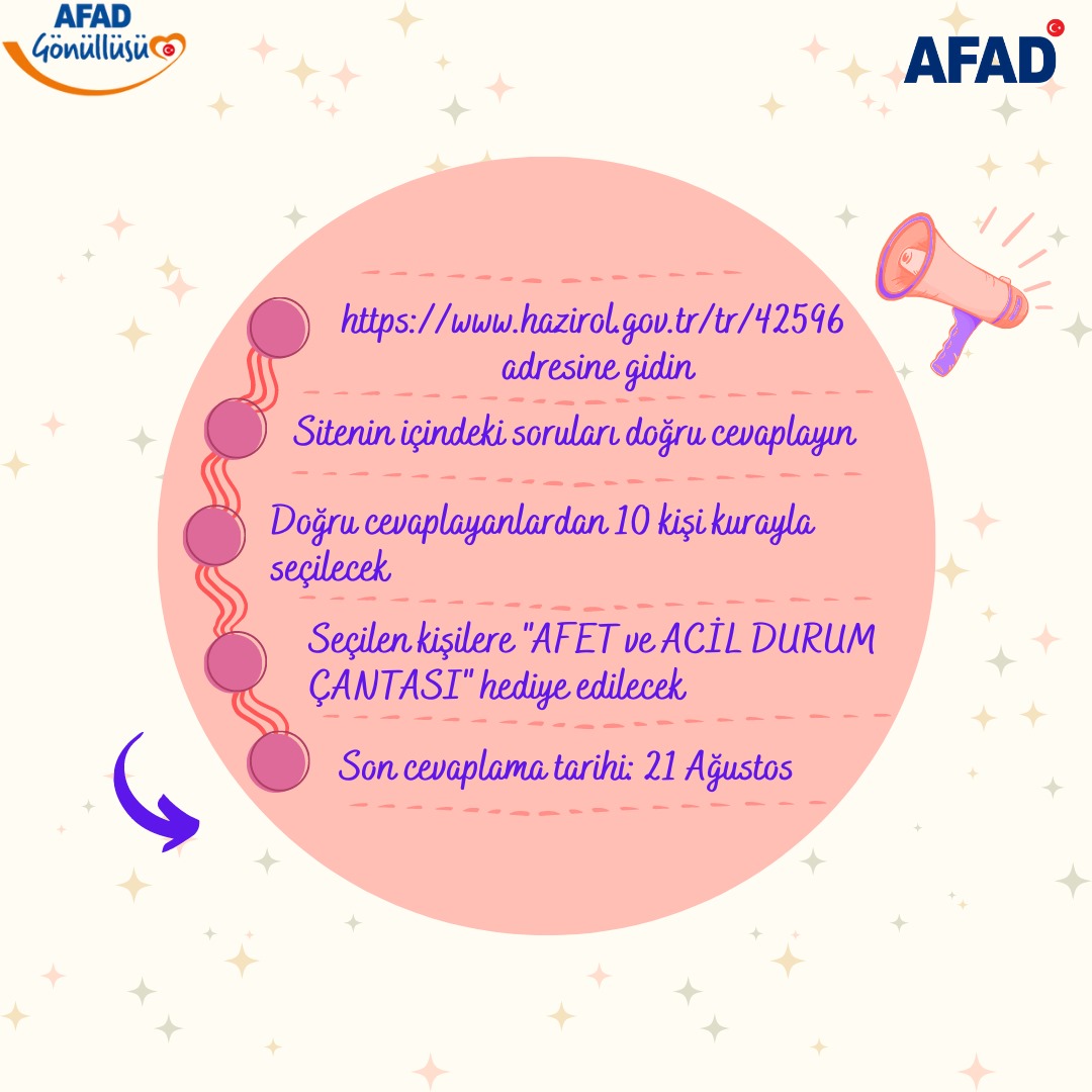 ➡ hazirol.gov.tr/tr/42596/ adresine gidin ✅ Sitenin içindeki soruları doğru cevaplayın 🎁 Doğru cevaplayanlardan 10 kişi kurayla seçilecek ve seçilen kişilere 'AFET ve ACİL DURUM ÇANTASI' verilecektir. 🏃 Son cevaplama tarihi: 21 Ağustos 2023 🏃‍♀ #yarışma #yarışmavar