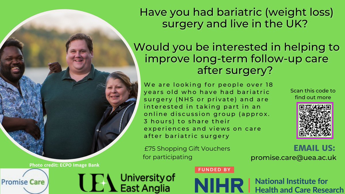 Are you an adult living in the UK who has had bariatric (weight loss) surgery? (NHS or private) We’d like to hear your views and experiences of long-term care after weight loss surgery. For more information: forms.office.com/e/xieQBVxh0e, QR code👇or email promise.care@uea.ac.uk Pls RT