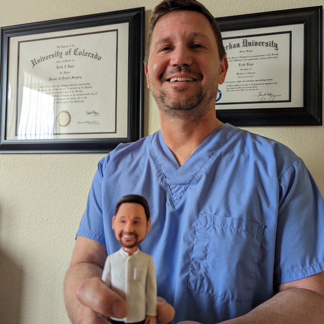 “Best Dentist Ever” reads the inscription on this bobblehead doll a Family Dental Clinic patient had made for Dr. Leith Rupp after he ended the woman’s tooth pain, restored her smile, and eased her anxiety about visiting the dentist.