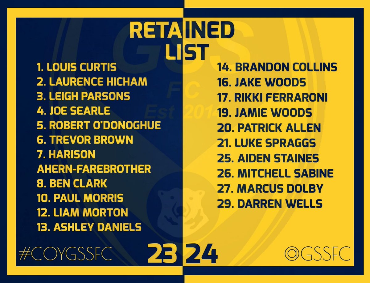 fc_gss's tweet image. GSS FC are delighted to announce their retained players along with squad numbers for the season 23/24

#COYGSSFC 
🐻‍❄🐻‍❄
🔵🟡🔵🟡