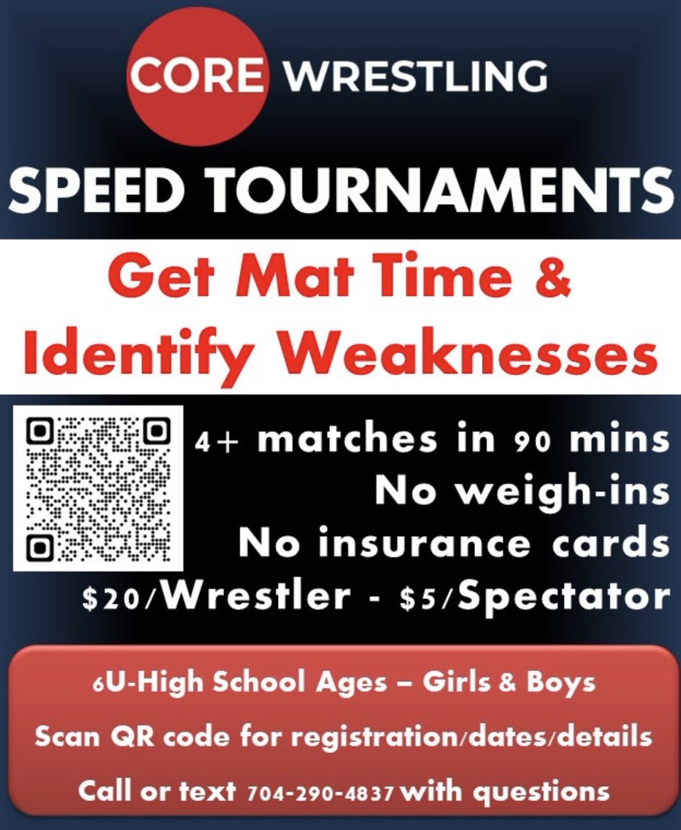 Get mat time before Super 32! Next Speed Tourney is Sept 2. Follow QR code for details and register now!  #corewrestling #statechamp #ncwrestling #super32