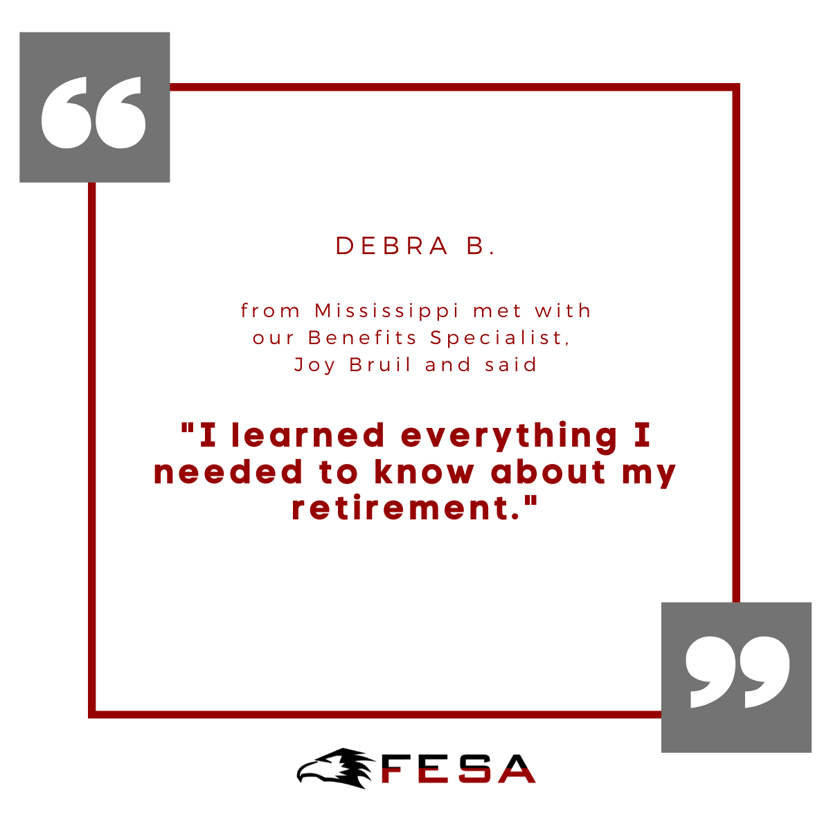 TeamFESA's tweet image. Like Debra B. from Mississippi, we can help you understand your benefits too! Contact us at (512) 687-6202 or email CustomerService@GoFESA.com
Visit GoFESA.com for more information
#FESA #Benefits #Retirement #TSP #Medicare #BenefitsAnalysis
