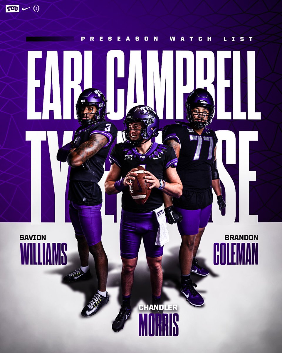 Coming up roses 🌹 Savion Williams, @Chandleram4, and @b_coleman77 named to the Earl Campbell Tyler Rose Preseason Watch List! @CampbellAward #GoFrogs | #AllSteakNoSizzle
