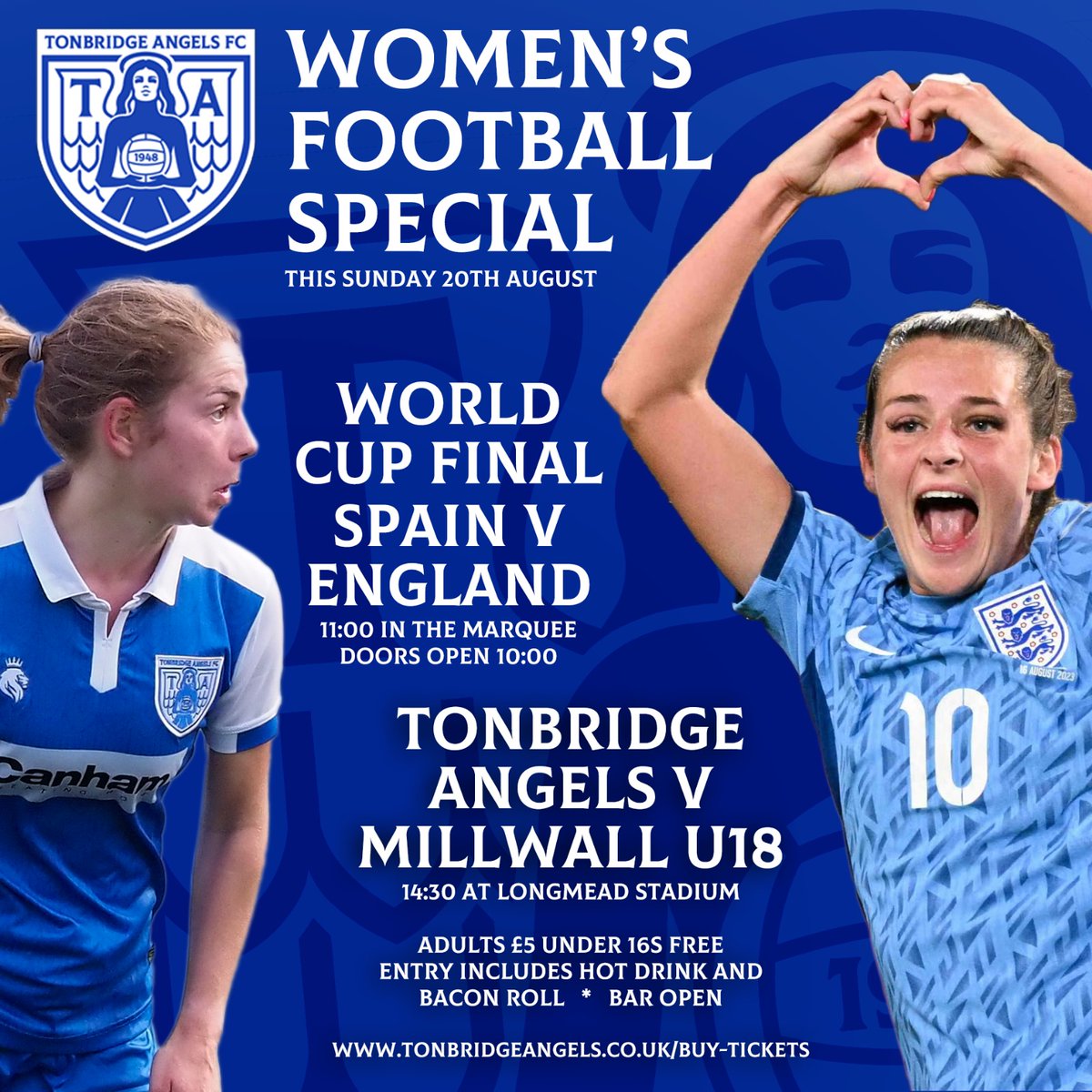 tafc_women's tweet photo. We are thrilled that we will be showing the World Cup Final before our match against @Millwall_LFC U18s this Sunday. You'll be able to watch the Final alongside our players and special offers include Pie &amp; Pint for £7! Reserve your seats at our website via the URL in the graphic. https://t.co/o32nN5GoHX
