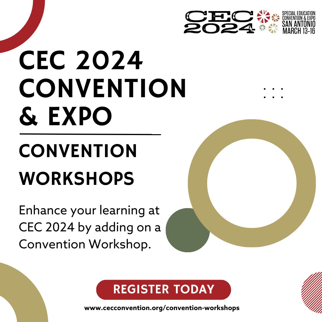 Enhance your learning at CEC 2024 by adding on a Convention Workshop. These additional opportunities for a deeper dive into a particular topic are available at the in-person convention on Wednesday, March 13 and Saturday, March 16.

Register today: cecconvention.org/convention-wor…