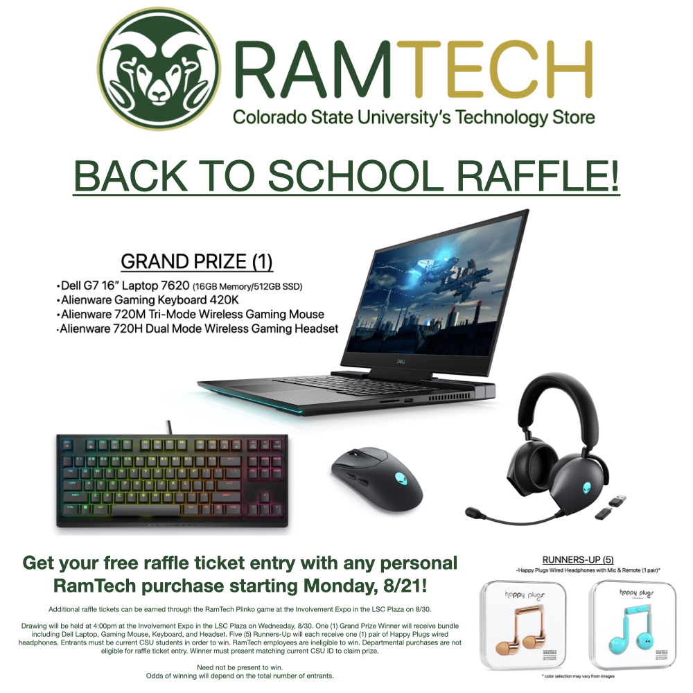 CSU_RAMtech's tweet image. RamTech is holding a raffle for a Dell/Alienware gaming bundle, including a new Dell laptop &amp;amp; Alienware gaming keyboard, mouse, &amp;amp; headset. Retail value: over $4,000! Get your free raffle ticket with any purchase at RamTech starting on Mon 8/21. Drawing will be held on Wed 8/30.
