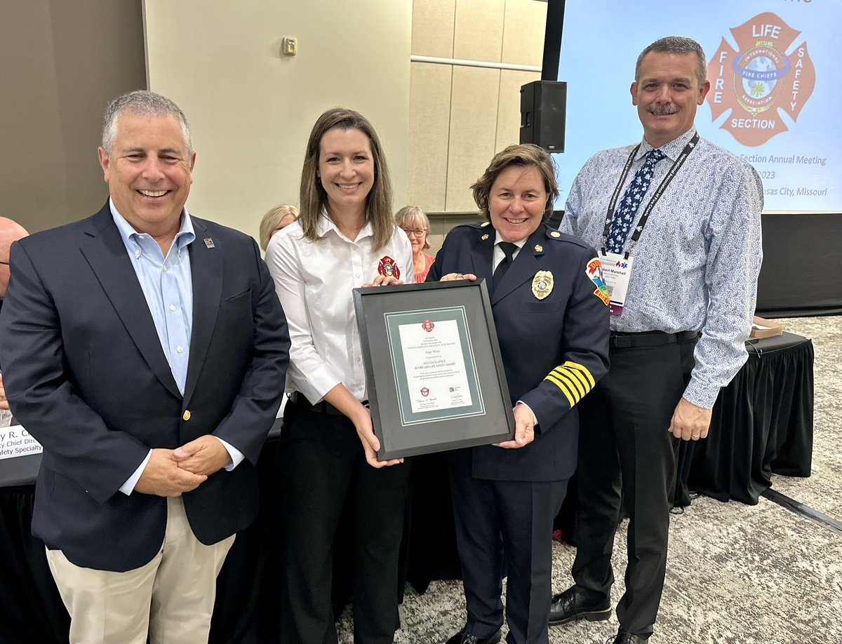 Congratulations to Angie Wiese for receiving the 2023 Excellence in Fire and Life Safety Award, from the @IntlCodeCouncil and @IAFCFLSS. We’re all so very proud of you!!! Keep leading and doing great work! With IAFC President @chiefdonnablack and FLSS Vice Chair, Robert Marshall