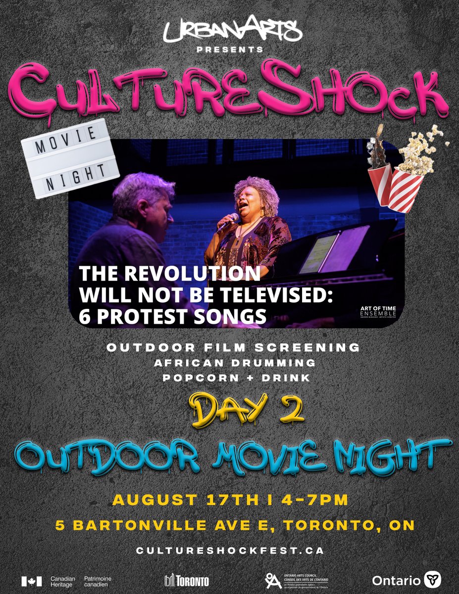 Join us for an enchanting evening at CultureShock Day 2! From 4-7pm, see the film "The Revolution Will Not be Televised: 6 Protest Songs" presented with @ArtofTimeEnsemble. 🌍 Join our African Drumming circle feel the beats that connect us all. CultureShockFest.ca FREE EVENT