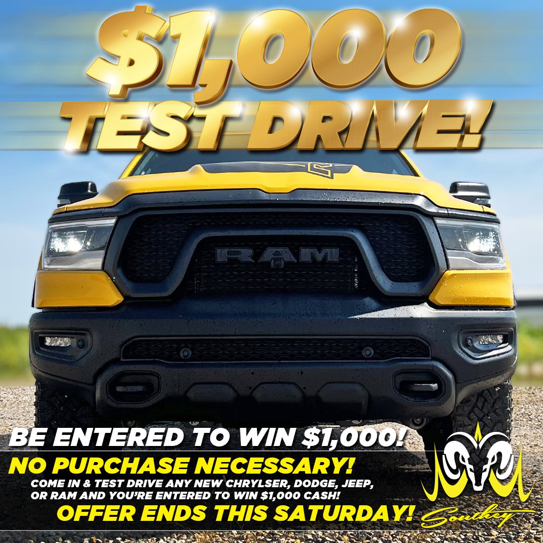 SoutheyMainline's tweet photo. Now thru, Saturday test drive any new Chrysler, Dodge, Jeep, or Ram and you'll be entered to win A THOUSAND DOLLARS CASH! No purchase necessary!!

🛒 Shop our new rides here https://t.co/SwbWh8MQcL

🔒 Book your test drive here https://t.co/rf0FPH14hP

#ALWAYSWorthTheDrive https://t.co/GpYrTUkgdA