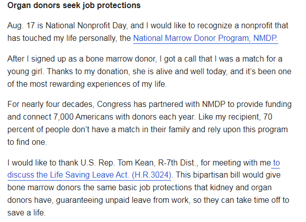 NMDP_advocacy's tweet photo. On this #NationalNonprofitDay, advocate John Wiggins shares about @BeTheMatch's life-saving mission. As John reflects on his experience as a bone marrow donor, he thanks @CongressmanKean for meeting with him to discuss the Life Saving Leave Act. 👇
https://t.co/hguCLSySJe https://t.co/f99ieSxmQU