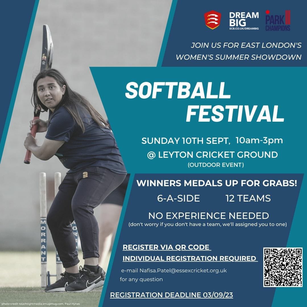 EssexCCB's tweet photo. 🏏Women's Softball Summer Showdown🏏

Join us for the final Dream Big Park Champions outdoor festival for 2023! 

🗓️ Sunday 10th Sept
🕚 10am-3pm
📍Leyton Cricket Ground (outdoors) 

Individuals, social groups, cricket club teams all welcome!

Register via QR code. https://t.co/SVJBrT9Dkm