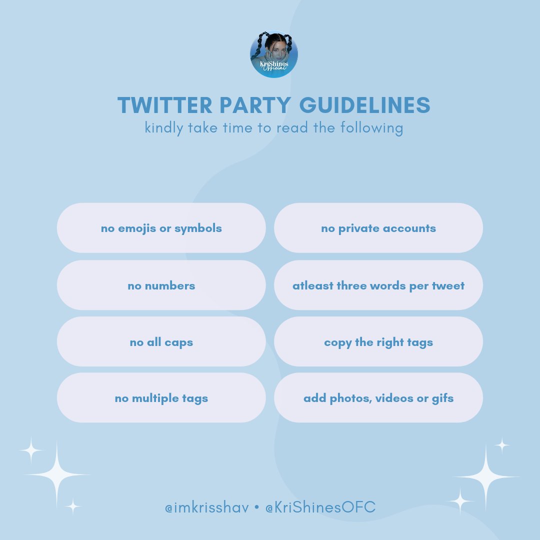 KVBoosterTeam's tweet photo. 𝘁𝘄𝗶𝘁𝘁𝗲𝗿 𝗽𝗮𝗿𝘁𝘆 𝗴𝘂𝗶𝗱𝗲𝗹𝗶𝗻𝗲𝘀. please take time to check these guidelines, krishines! 💙

#KrisshaViaje | Krissha Viaje
#SafeSkiesArcher #YannaFernandez https://t.co/nhB8b6tNqk