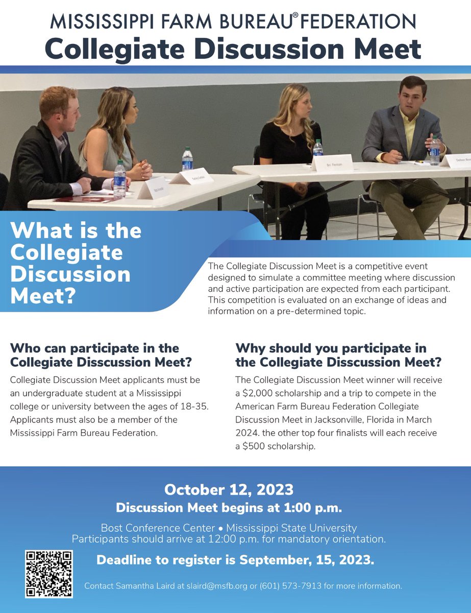 Mississippi Farm Bureau’s Young Farmers &amp; Ranchers program is hosting a Collegiate Discussion Meet competition on campus on October 12th for undergraduate students. Register using the QR code or get more information from Samantha Laird at slaird@msfb.org 🐾