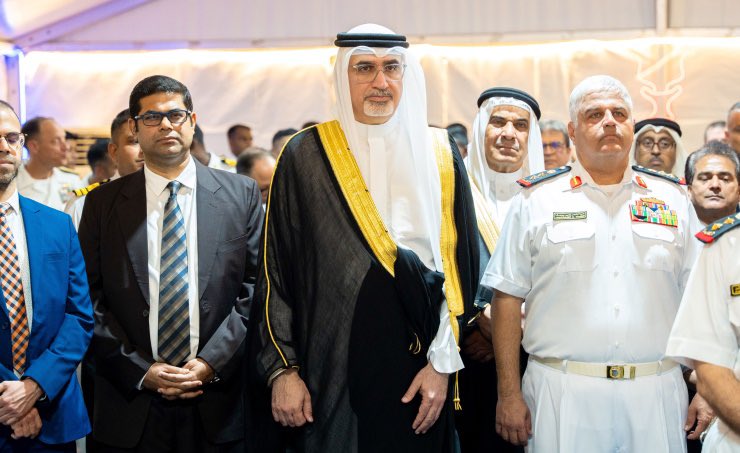 IndiaInBahrain's tweet photo. Ambassador Designate H.E. Vinod K Jacob and Commanding Officers of #INSVisakhapatnam and #INSDeepak in the presence of Rear Admiral Vineet S McCarty, Flag Officer Commanding Western Fleet @IndianNavy hosted a reception on board the ship.

#HarGharTiranga 
#AzadiKaAmritMahotsav https://t.co/oiRLXzieNI