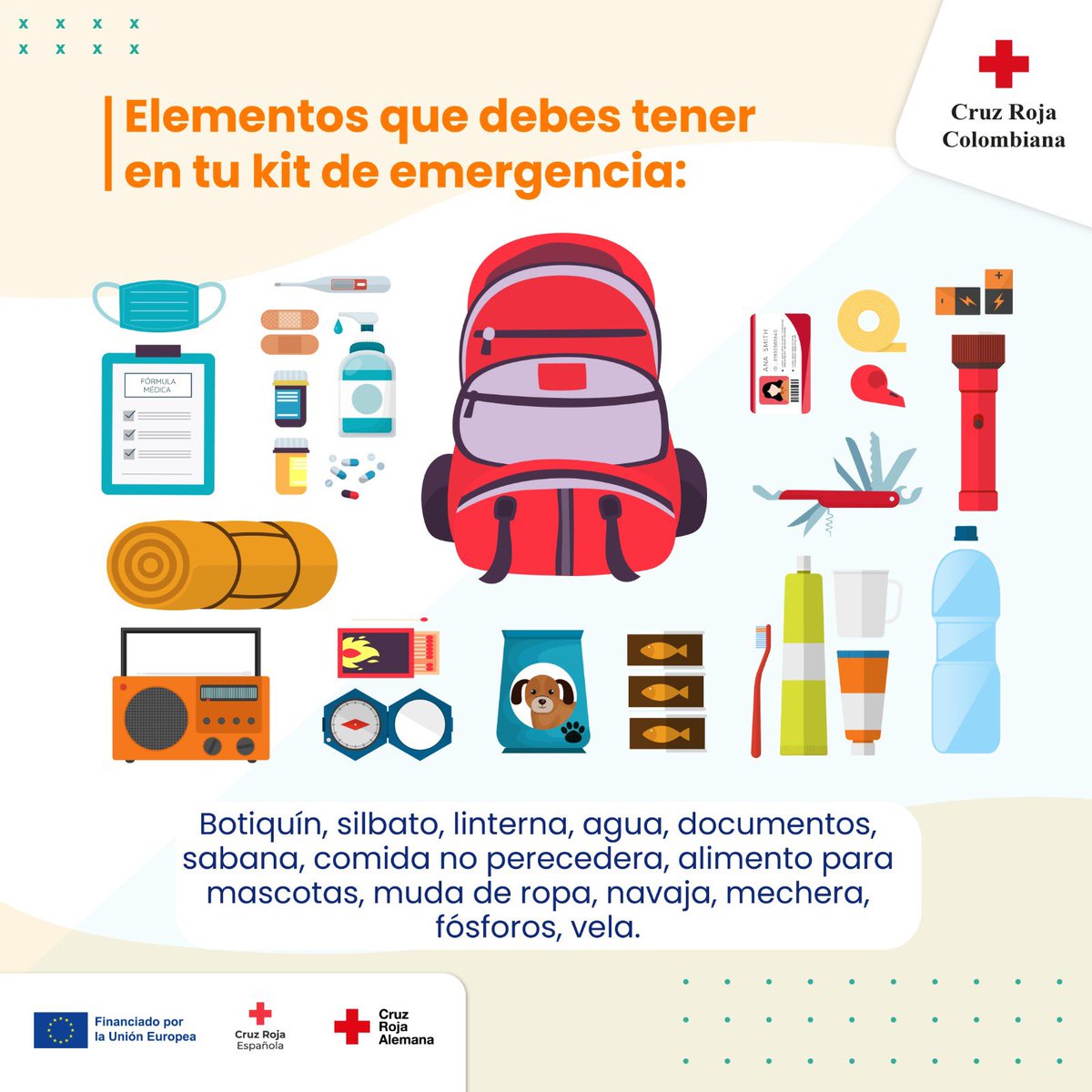 cruzrojacol's tweet photo. 📣 Ten un kit de emergencias siempre preparado para cualquier situación inesperada.
☑️ Asegúrate de incluir suministros esenciales. No esperes a que sea demasiado tarde para prepararte. ¡Crea tu kit de emergencias hoy mismo! ⛑️ #SomosCruzRoja https://t.co/qCFJgCEOAF