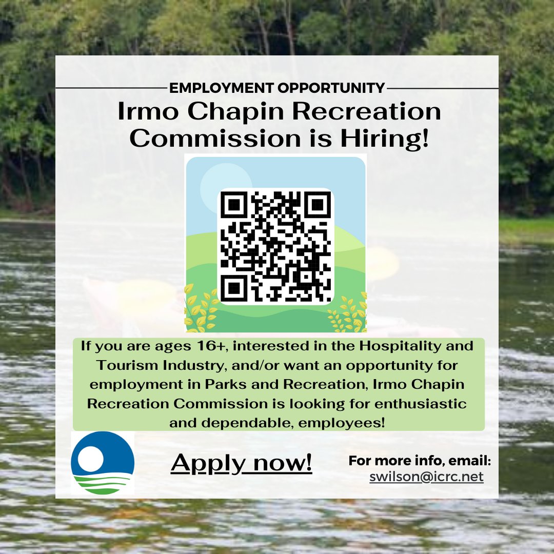 Happy Workforce Wednesday! 💼

Check out part-time, full-time & seasonal careers with Irmo Chapin Recreation Commission!

Scan the QR Code below to view all available positions!

#WorkforceWednesday #parksandrec #creatingcareerconnections #parttimejobs #FullTimeJobs #seasonaljobs