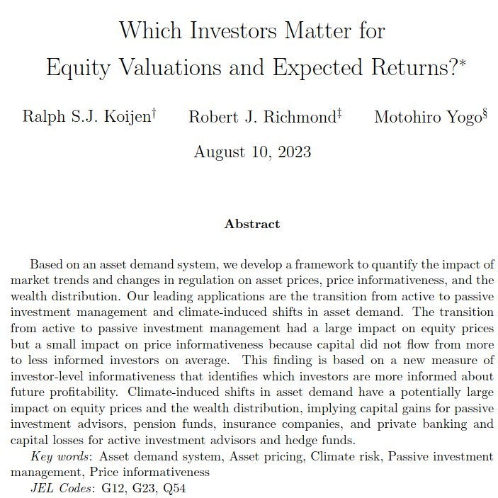 The Review of Economic Studies (@reveconstudies) on Twitter photo āA new framework to quantify the impact of market trends and changes in regulation on asset prices, price informativeness, and the wealth distribution based on an asset demand system.ā
From <a href="/rkoijen/">Ralph S.J. Koijen</a>, <a href="/rrichmond/">Rob Richmond</a> and <a href="/motoyogo/">Motohiro Yogo</a>:
restud.com/which-investor⦠āA new framework to quantify the impact of market trends and changes in regulation on asset prices, price informativeness, and the wealth distribution based on an asset demand system.ā
From <a href="/rkoijen/">Ralph S.J. Koijen</a>, <a href="/rrichmond/">Rob Richmond</a> and <a href="/motoyogo/">Motohiro Yogo</a>:
restud.com/which-investorā¦