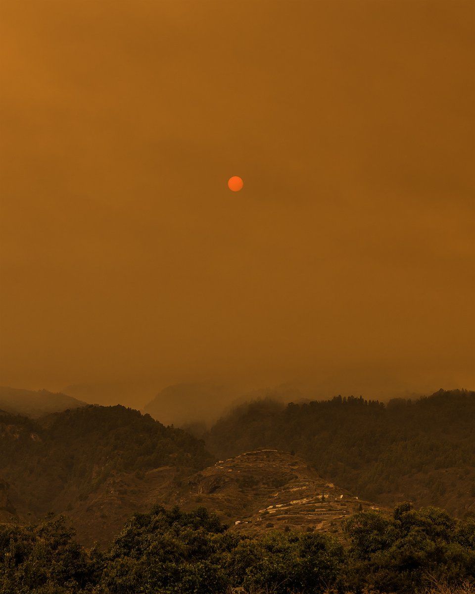 La vista del atardecer desde el Valle de Güímar resulta tenebrosa con esa enorme nube de humo, el sol rojizo y los focos que aún arden en la zona.
#IFArafoCandelaria