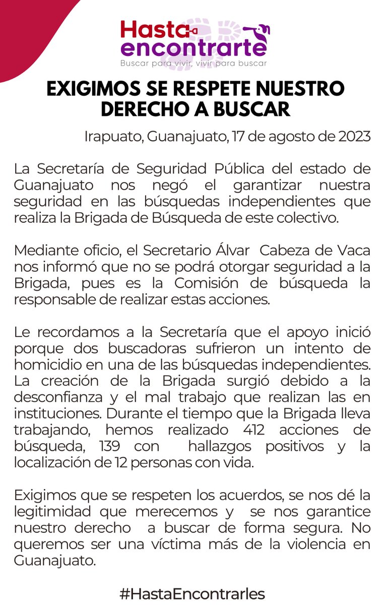 Les pedimos apoyo para fimar o compartir en redes, como saben salimos a búsquedas en campo en Guanajuato y después de sufrir un atentado nos acompañaba la policía del estado, ahora nos quitan la seguridad en un Guanajuato donde matan a las mujeres buscadoras.