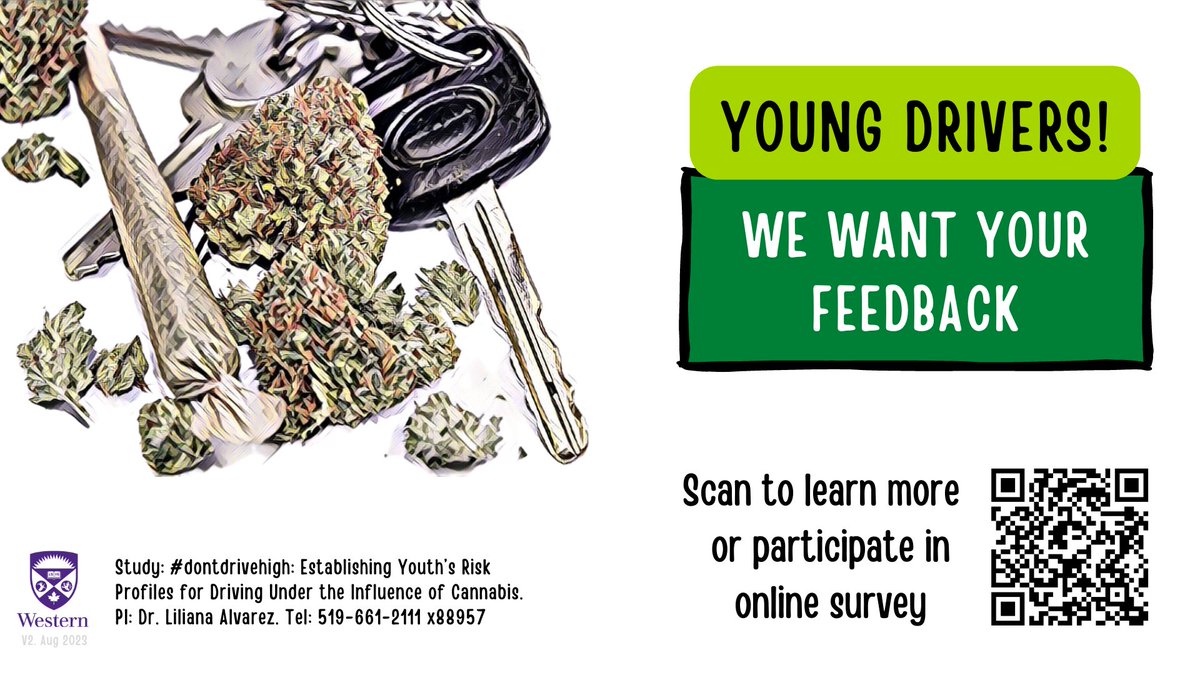 Calling Young Canadian Drivers (ages 14-24)!  You’re invited to complete an anonymous online survey (approx 15 min) about #cannabis &amp; driving. Cannabis users &amp; non-users welcome! Amazon gift cards to be won! Click here for more info or to participate:  uwo.eu.qualtrics.com/jfe/form/SV_0N…