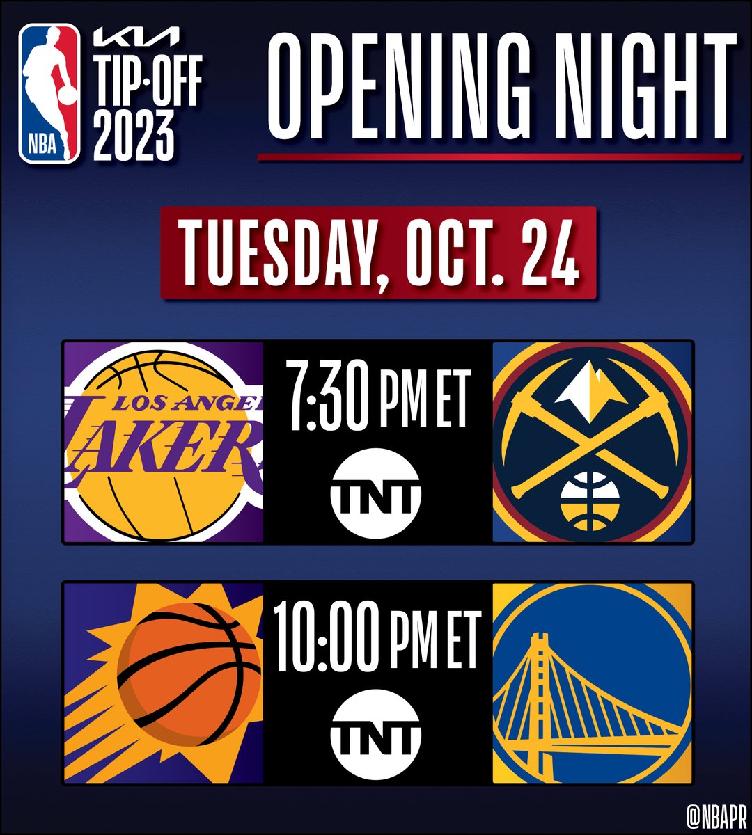 The 78th NBA regular season will tip off on Tuesday, Oct. 24 with a TNT doubleheader: 🏀The @nuggets receive their championship rings before hosting the @Lakers in a Western Finals rematch. 🏀The @Suns visit the @warriors in team debuts for @RealDealBeal23 and @CP3.