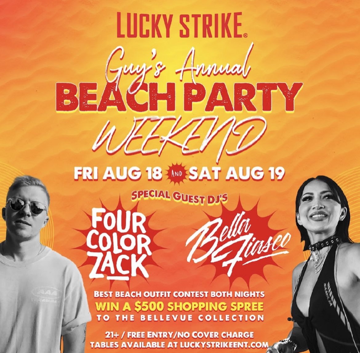 Guy Godefroy (@mrfatlace) on Twitter photo This weekend is beach party weekend at <a href="/LuckyStrikeBell/">LuckyStrike Bellevue</a> !! Guest DJ’s <a href="/FOURCOLORZACK/">fcz</a> on Friday & <a href="/djbellafiasco/">BELLA FIASCO</a> on Saturday. The whole place will be decorated like a beach! 21+ Free entry/no cover This weekend is beach party weekend at <a href="/LuckyStrikeBell/">LuckyStrike Bellevue</a> !! Guest DJ’s <a href="/FOURCOLORZACK/">fcz</a> on Friday & <a href="/djbellafiasco/">BELLA FIASCO</a> on Saturday. The whole place will be decorated like a beach! 21+ Free entry/no cover