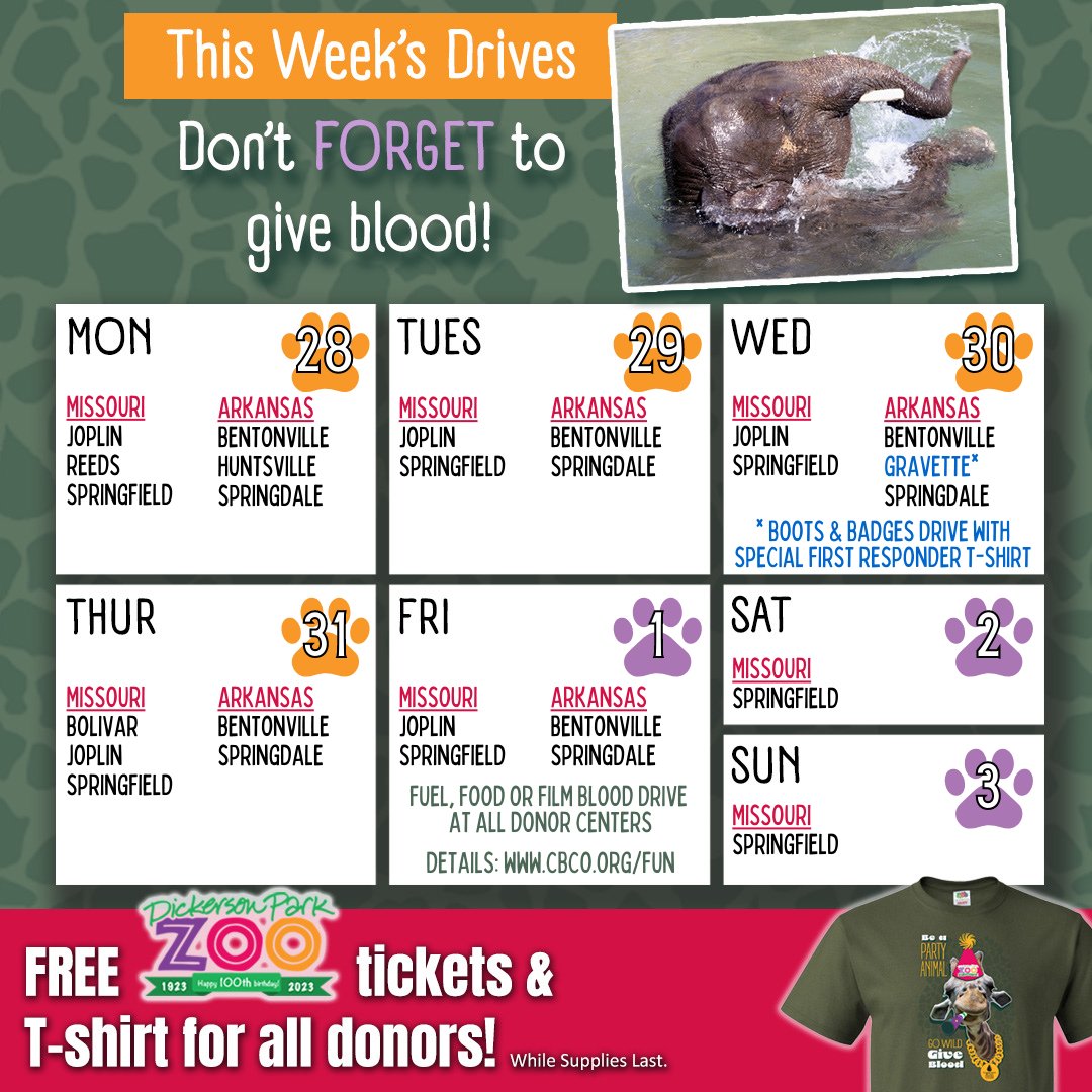 Community Blood Center of the Ozarks (@ozarksblood) on Twitter photo Elephants never forget... and neither should donors!
We've got a couple of special events planned for this week. No matter where you donate, you'll help local patients — and get two free <a href="/dpzoo/">Dickerson Park Zoo</a> tickets. Find hours and locations for these drives at cbco.org/zoo! Elephants never forget... and neither should donors!
We've got a couple of special events planned for this week. No matter where you donate, you'll help local patients — and get two free <a href="/dpzoo/">Dickerson Park Zoo</a> tickets. Find hours and locations for these drives at cbco.org/zoo!