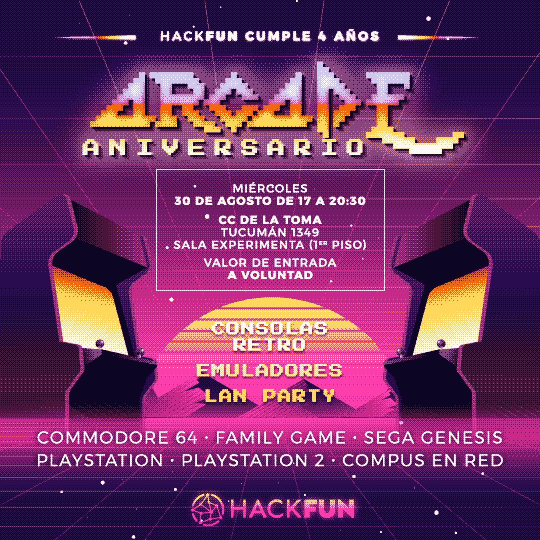 hackfunrosario's tweet photo. Ahora sí, basta de teasers!
🕹️ Reviví la nostalgia en nuestro Retroarcade  Vuelve la magia del Family, Sega Genesis y Play 1 y 2. ¡Viajemos a los 90!
🗓️🏃 Miércoles 30 de agosto, 17h en La Toma (Tucumán 1349). Celebramos el cuarto aniversario de Hackfun con de todo! https://t.co/kWltvhfw61
