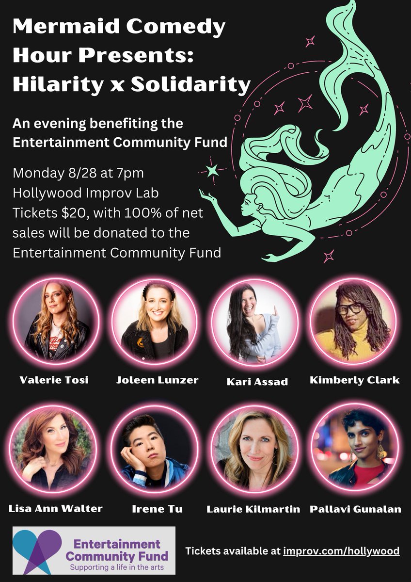 It's hot labor summer! On 8/28, <a href="/MermaidComedyHr/">Mermaid Comedy Hour at The Hollywood Improv 1/27!</a> teams up w <a href="/alifeinthearts/">Entertainment Community Fund</a>, to benefit film + tv workers affected by industry pauses. 

Featuring:
<a href="/LisaAnnWalter/">🌷Lisa</a>
<a href="/anylaurie16/">Laurie Kilmartin</a>
<a href="/irene_tu/">Irene Tu</a>
<a href="/ClarkKimberlyL/">Kimberly Clark</a>
<a href="/PallaviGunalan/">i can be your long lost pal</a>
<a href="/kariassad/">elon musk is my father</a>
<a href="/joleenlunzer/">Joleen Lunzer</a>
+ me

🎟️: bit.ly/3sfKBCB