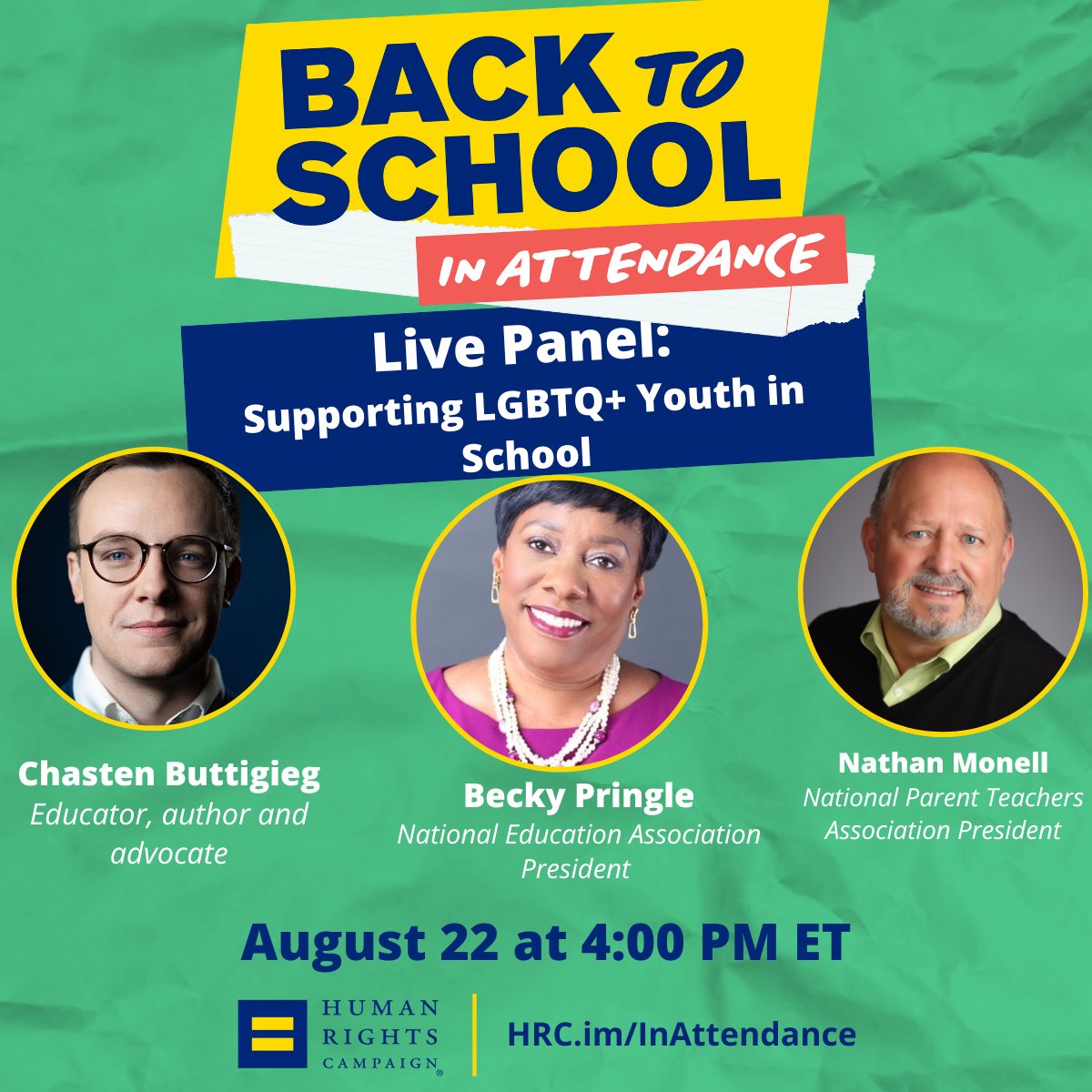 HRC's tweet photo. LGBTQ+ students are now #InAttendance 📚🏳️‍🌈

We invite their educators and parents to join a conversation between @NEAToday, @npta, and special keynote speaker @Chasten about how we can all support and empower LGBTQ+ students in the classroom and beyond: https://t.co/QOJFeIhLfl https://t.co/yTX3O0LGjx