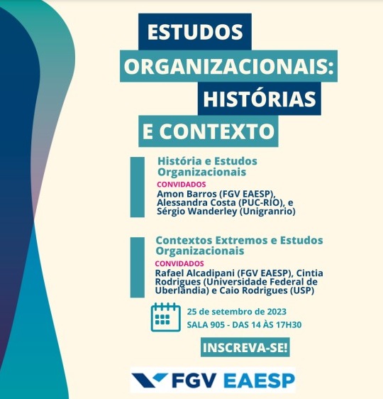 ufufagen's tweet image. Olá, pessoal
Te convidamos para o seminário Estudos Organizacionais: histórias e contextos”, que acontecerá no dia 25 de setembro na sala 905 da #FGVEAESP.
O evento contará com a participação de professores e pesquisadores referenciados no tema.