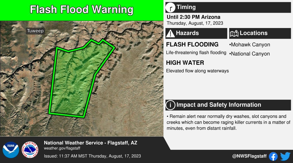 ⚠️ Flash Flood Warning ⚠️ in effect until 2:30 PM MST for portions of Coconino County near the Grand Canyon. This includes mainly rural areas of Coconino County. More info: weather.gov/fgz/wwa?wfo=KF…. #azwx