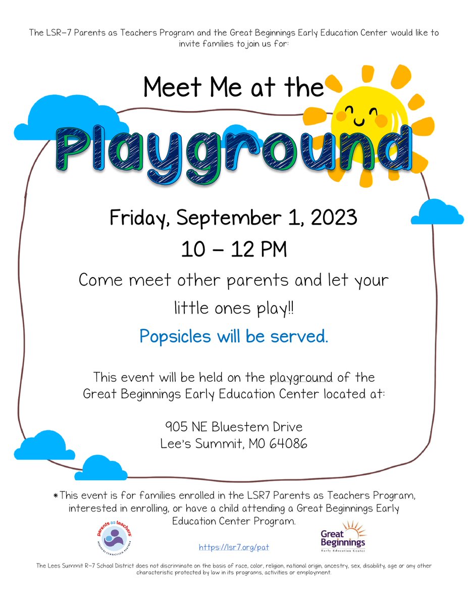 We are excited to reconnect with our enrolled families at our first family event to celebrate our 2023-24 school year! We will meet on the Great Beginnings Legacy playground on Friday, 9/1/2023 from 10-12 pm. Bring a friend!