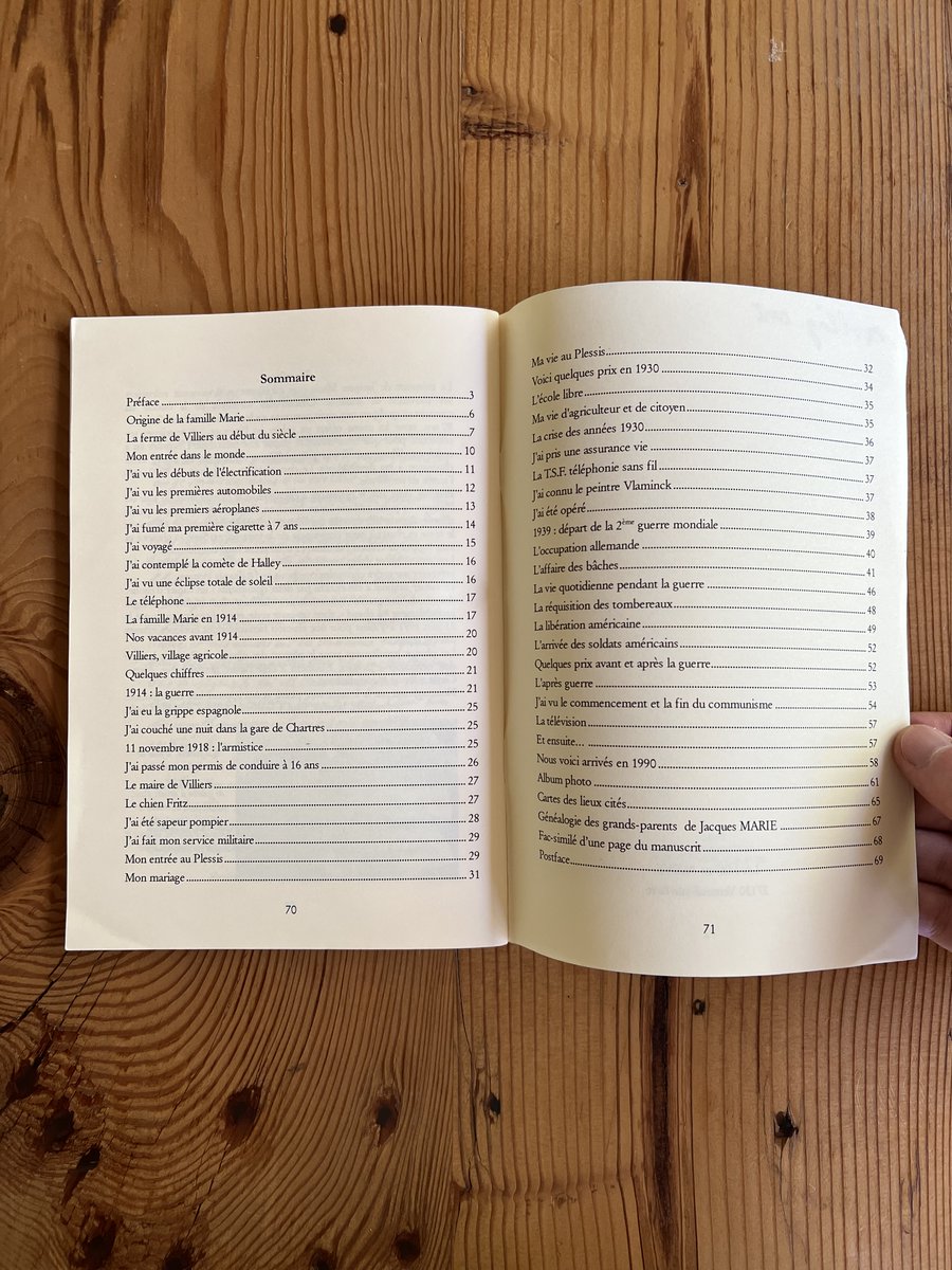 Why keep a diary...

One of my few prized possessions is this 70-page autobiographical book by my great-grandfather who was born in 1902 and was a farmer in France. Only a few copies were printed.

His chapter titles are truly amazing, each is about 1-2 pages:

- I saw the