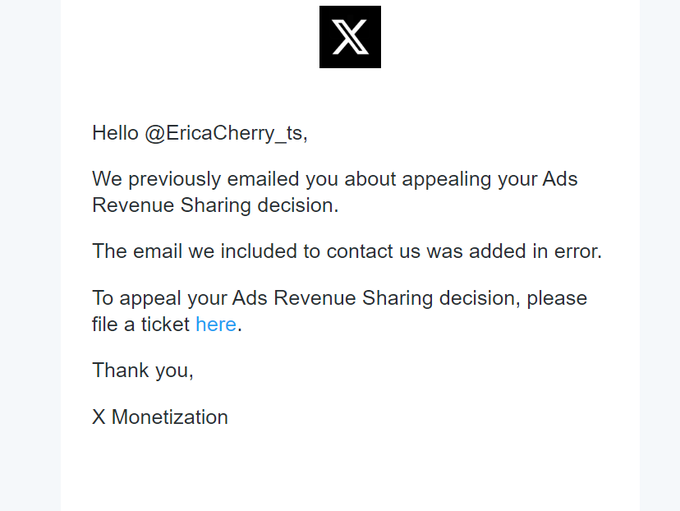 Update on my experience with @x ad revenue.   They first asked me to write an email to "ars-appeals@x<a class="tags" target="_blank" title="On Twitter" href="/?out=eyJ0eXAiOiJKV1QiLCJhbGciOiJIUzUxMiJ9.eyJpYXQiOjE3MjA5NDg2MzksImlzcyI6InR3cG9ybnN0YXJzLmNvbSIsIm5iZiI6MTcyMDk0ODYzOSwiZXhwIjoxNzUyNDg0NjM5LCJyZWRpcmVjdF91cmwiOiJodHRwczovL3R3aXR0ZXIuY29tL3gifQ.1om4BCRs29_iexkwoz7TJ2orRwyEY8GBFfeagHEGCMs_AzgyzGZTGzU7r6fcWiSIC3pT0Ol5mIez1WW1UBegzw">@x</a><a href="/tag/newprofilepic"class="tags"><span>#newprofilepic</span></a>