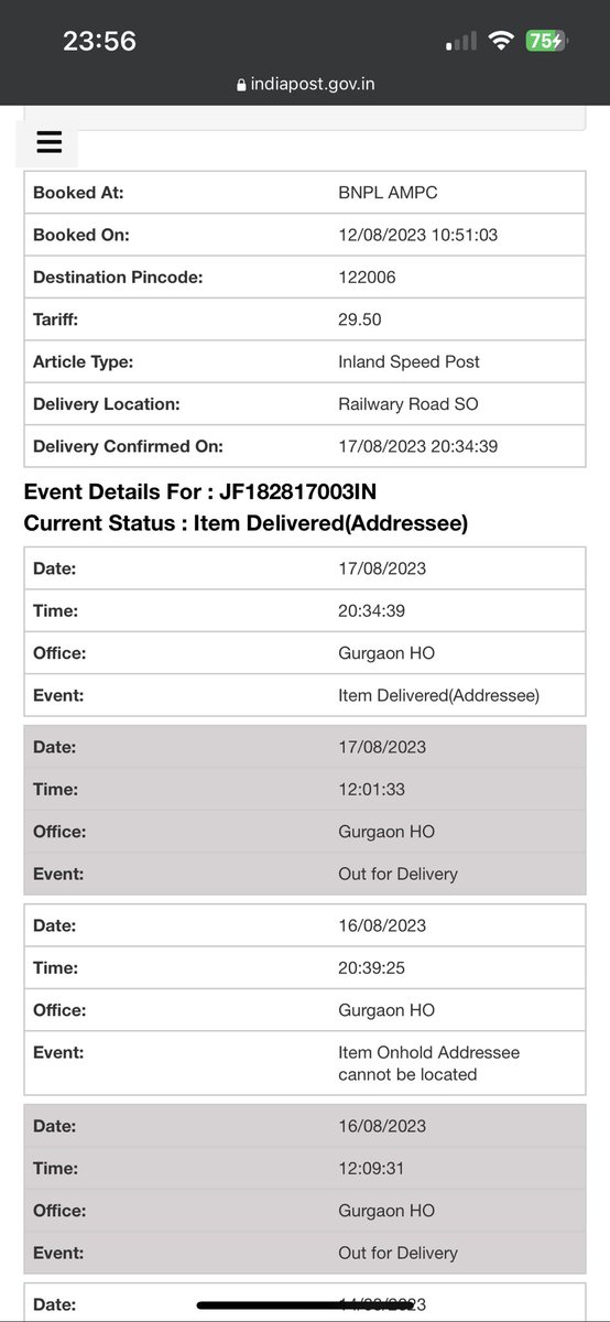 riteshk_'s tweet photo. @IndiaPostOffice why are you claiming to have ‘delivered to addressee’ when I’ve not received it? You are misrepresenting the status. Speed post has got no speed and I’ve got no trust on ‘World’s Largest Postal Network.’ How can I get this article? @cpmgharyana https://t.co/S7JMxp5U67