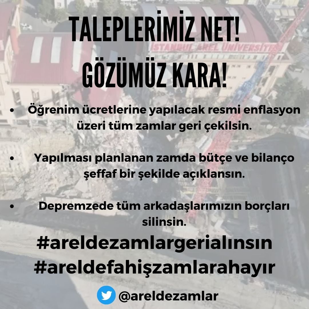 arelkampus's tweet photo. Taleplerimiz net!
Bizim de GÖZÜmüz KARA!

Öğrenim ücretlerine yapılacak  zamlar geri çekilsin.

Yapılması planlanan zamda bütçe ve bilanço şeffaf bir şekilde açıklansın.

Depremzede tüm arkadaşlarımızın borçları silinsin.

#areldezamlargerialınsın #areldefahişzamlarahayır https://t.co/k7Tz315sf1