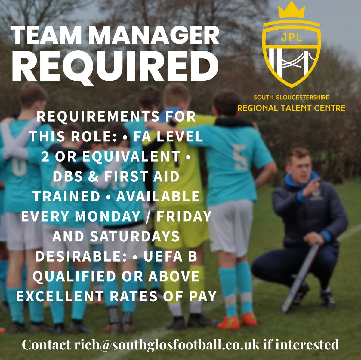 SouthGlosRTC's tweet photo. 🔈WE ARE RECRUITING 🔈

We are looking for an enthusiastic and driven individual who has a passion for inspiring young footballers ⚽️

If you are interested in this role, please contact rich@southglosfootball.co.uk https://t.co/XUlBfWUoDV
