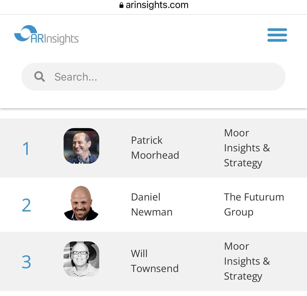 WillTownTech's tweet image. Moving on up through the @ARInsights global tech analyst rankings - look out @danielnewmanUV! 😂