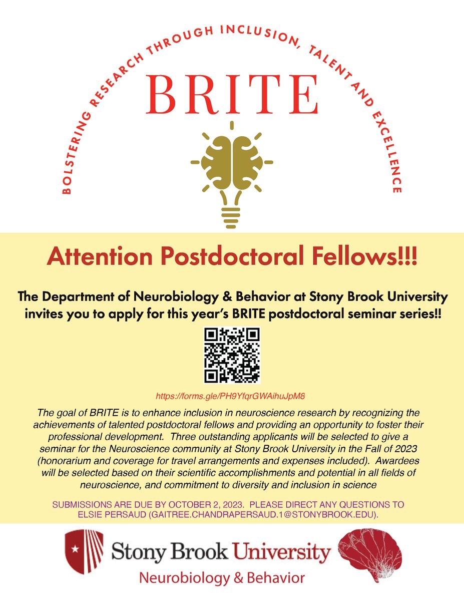 SBUNeurobiology's tweet image. Great opportunity for postdocs!! We are accepting applications for this year's BRITE (Bolstering Research through Inclusion, Talent, and Excellence) Postdoctoral Seminar Series! The goal is to enhance inclusion in neuroscience research.  Please RT. forms.gle/PH9YfqrGWAihuJ…
