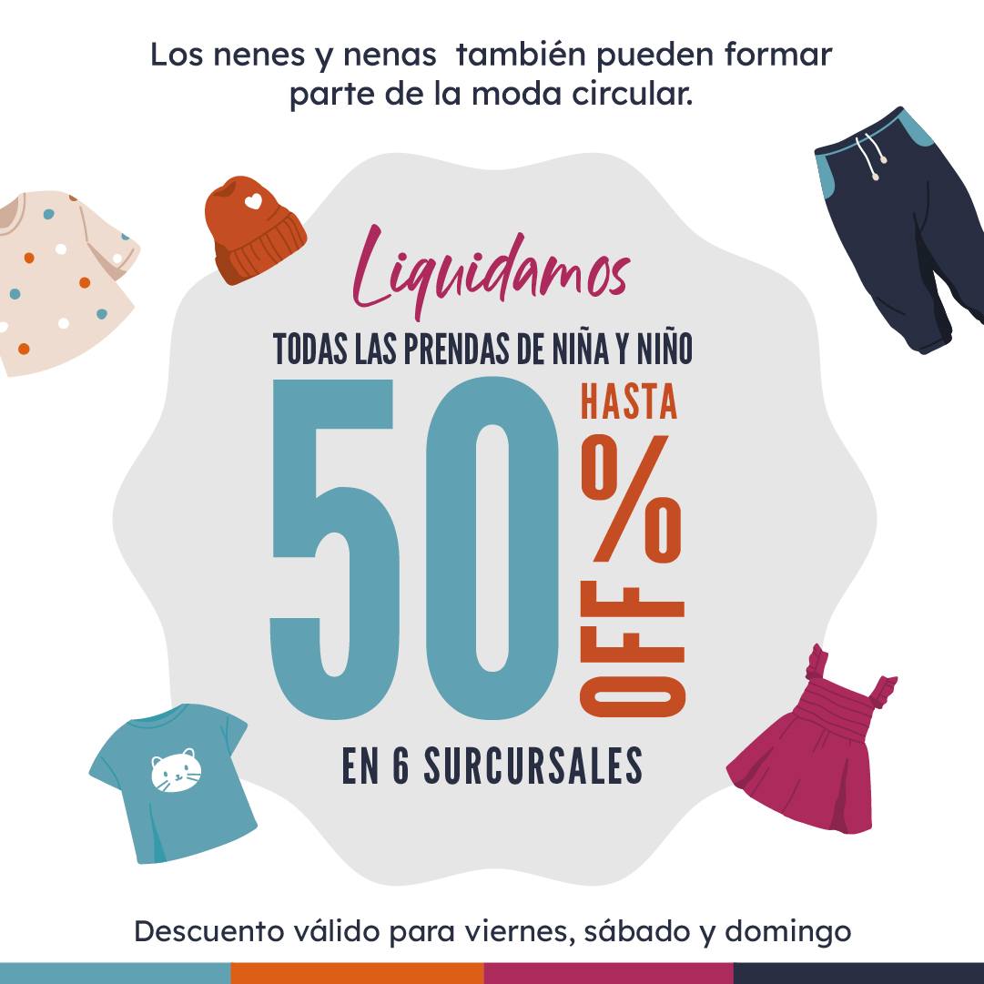 LIQUIDACION KIDS HASTA 50%OFF EN TODA LA ROPA DE CHICOS DEL VIERNES 18/08 AL DOMINGO 20/08 🎉♻️🥳🌈

❗Valido unicamente en las sucursales de: Palermo Soh... instagram.com/p/CwDm47mh2mc/
